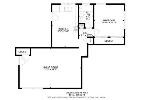 Floor plan for 1 bed, 1 bath, 807 sqft